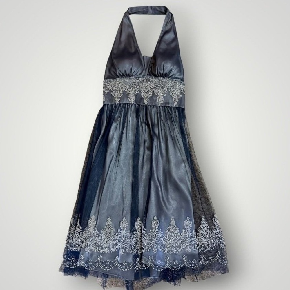 Adrianna Papell Boutique Halter Dress Women 8 Blue Lace Tulle Whimsigoth Regency
